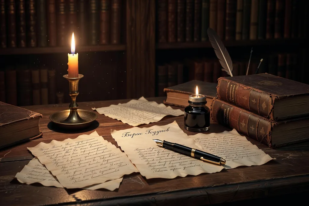 Bureau d'epoque avec manuscrit cyrillique, plume et chandelier