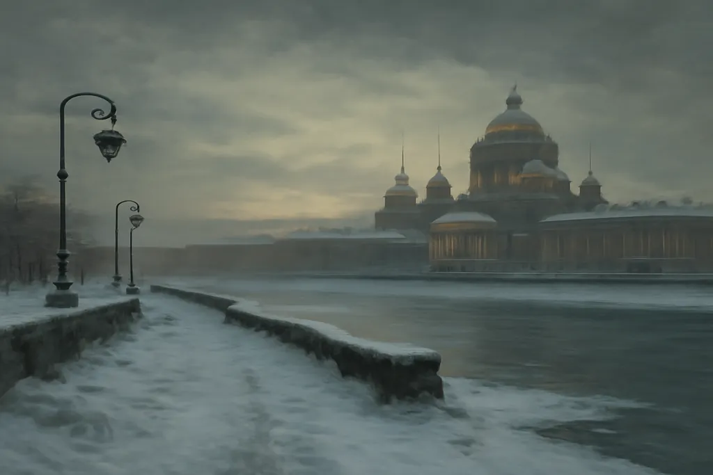 Saint-Petersbourg enneigée au crepuscule, atmosphere du duel de Pouchkine