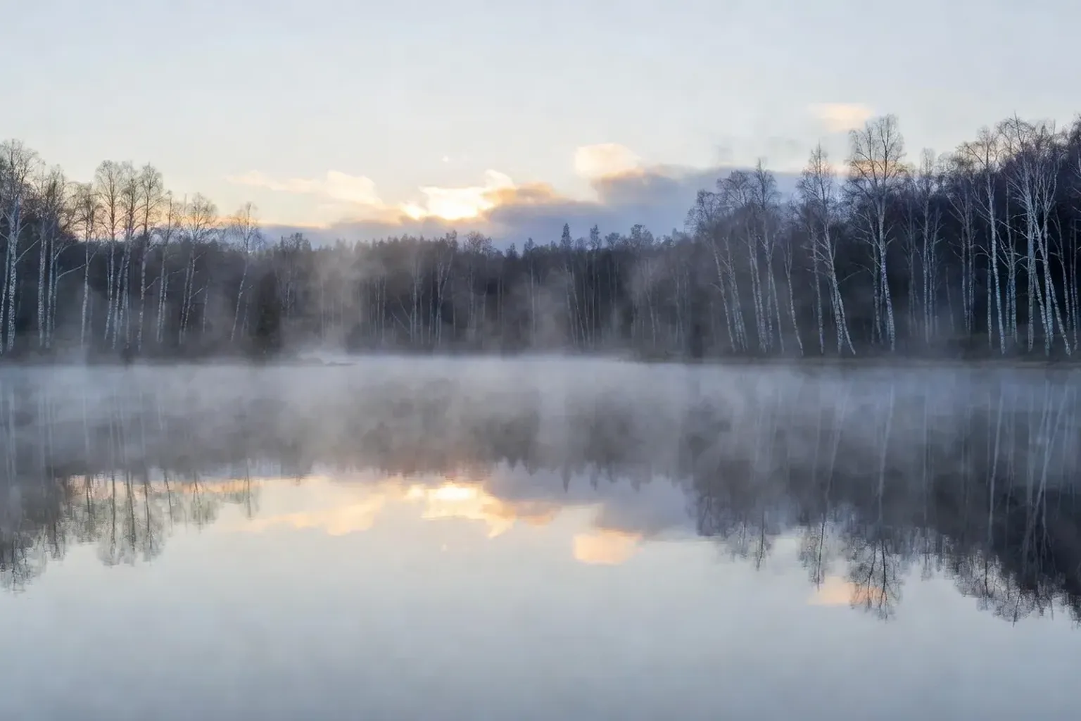 Paysage lacustre du Nord russe, brume matinale sur l'eau, forêt de bouleaux, lumière diffuse — décor du film Le Retour