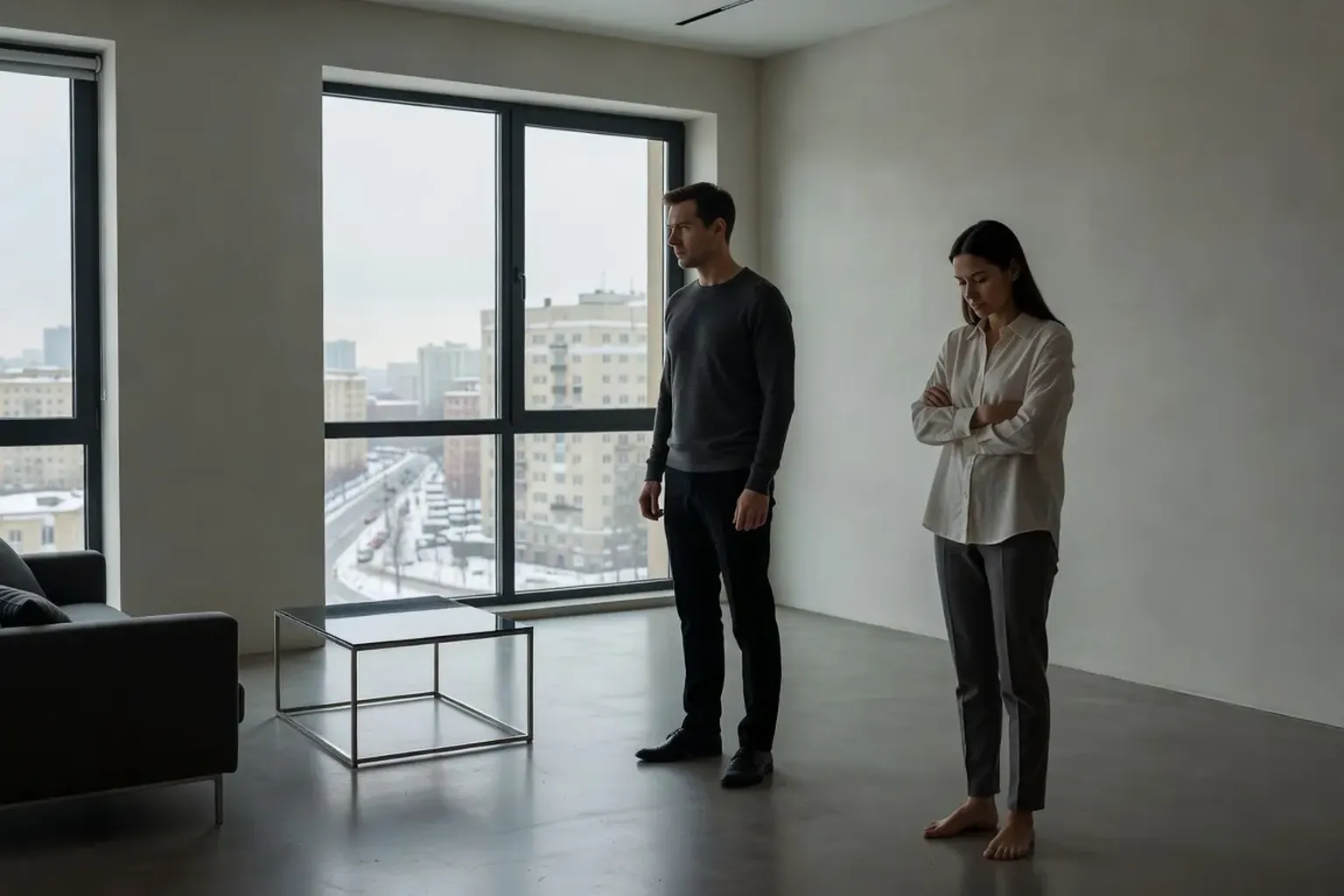 Appartement moderne moscovite, parents en dispute au téléphone, silence et vide — image emblématique de Faute d'amour
