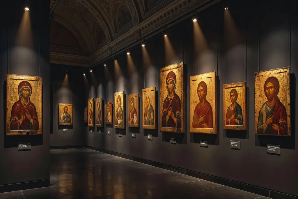 Salle du Louvre avec icones russes exposees sous eclairage d'exposition