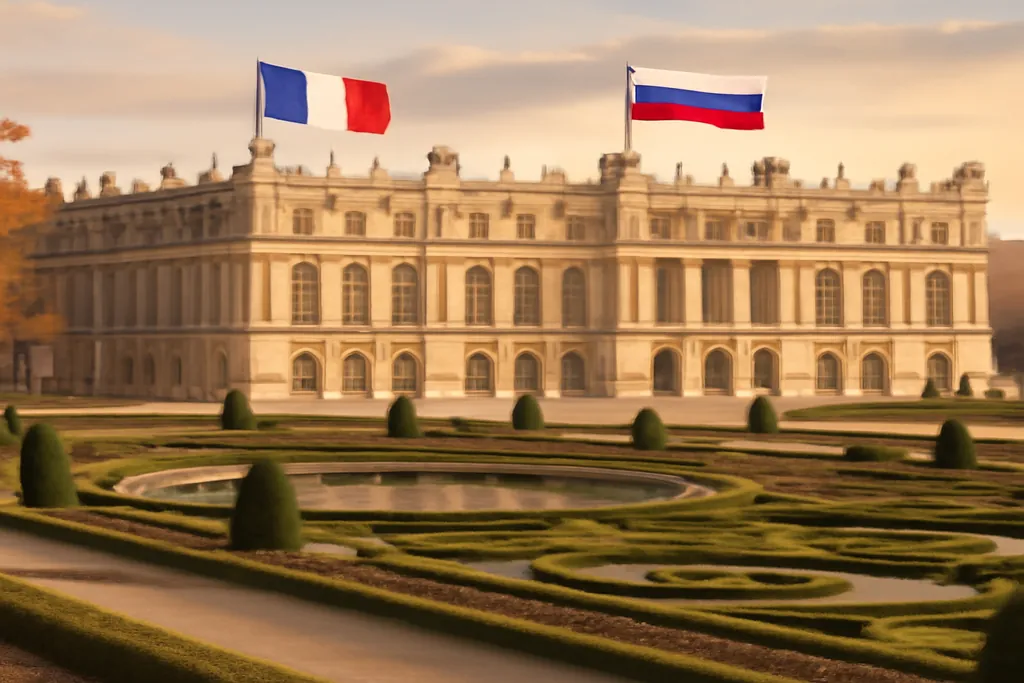 Chateau de Versailles avec drapeaux francais et russe cotes a cotes