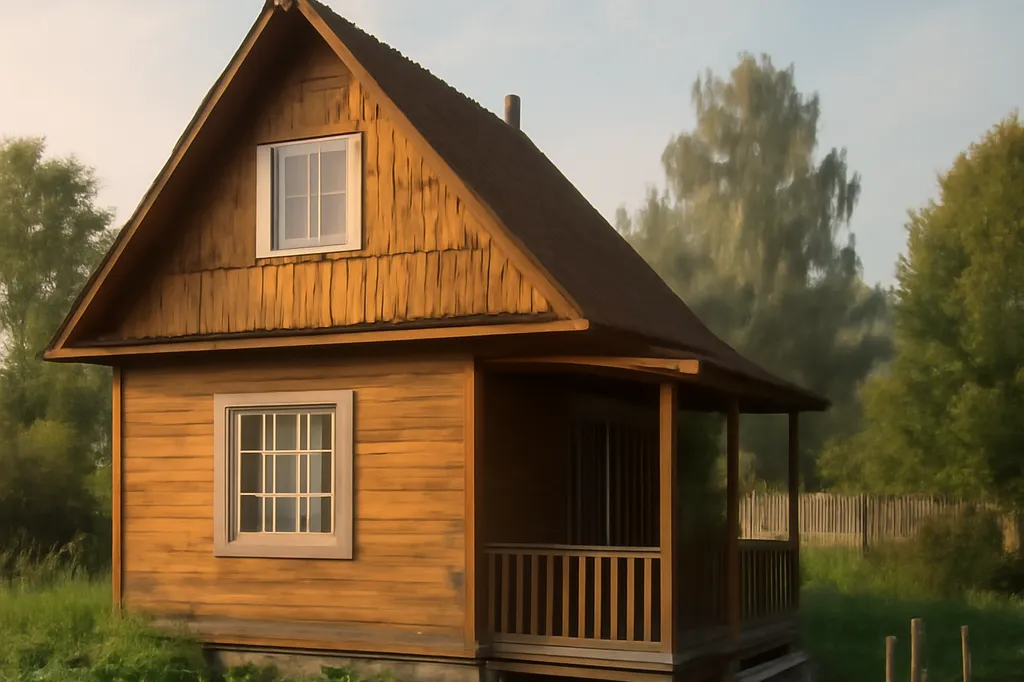 Datcha russe contemporaine en bois avec petit jardin potager et terrasse simple, ambiance de campagne post-soviétique