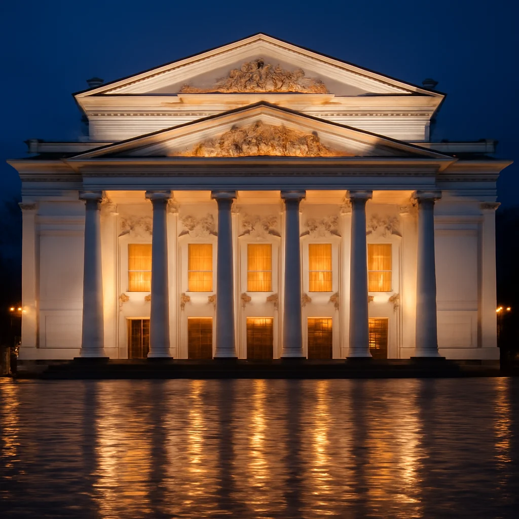 Façade néoclassique d'un théâtre historique russe au crépuscule, colonnes éclairées
