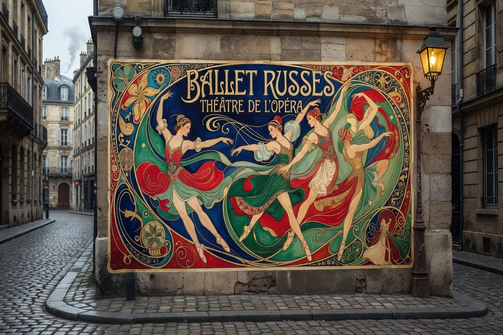 Affiche Art Nouveau de Ballets Russes dans rue de Paris ancien
