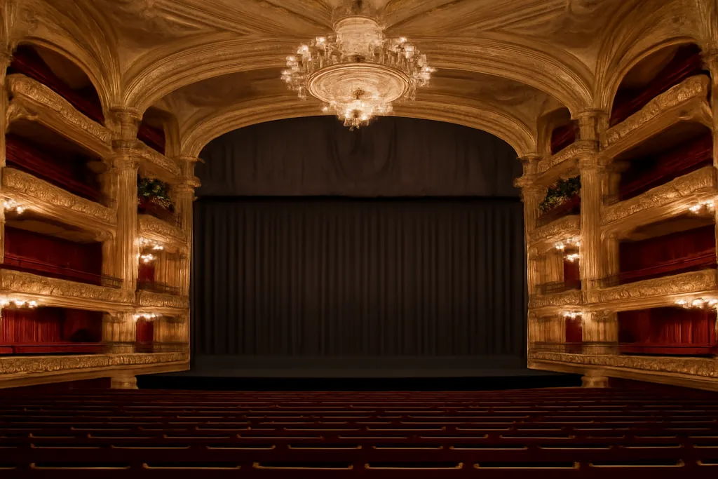 Interieur du Theatre du Chatelet avec balcons rouges et or, scene historique