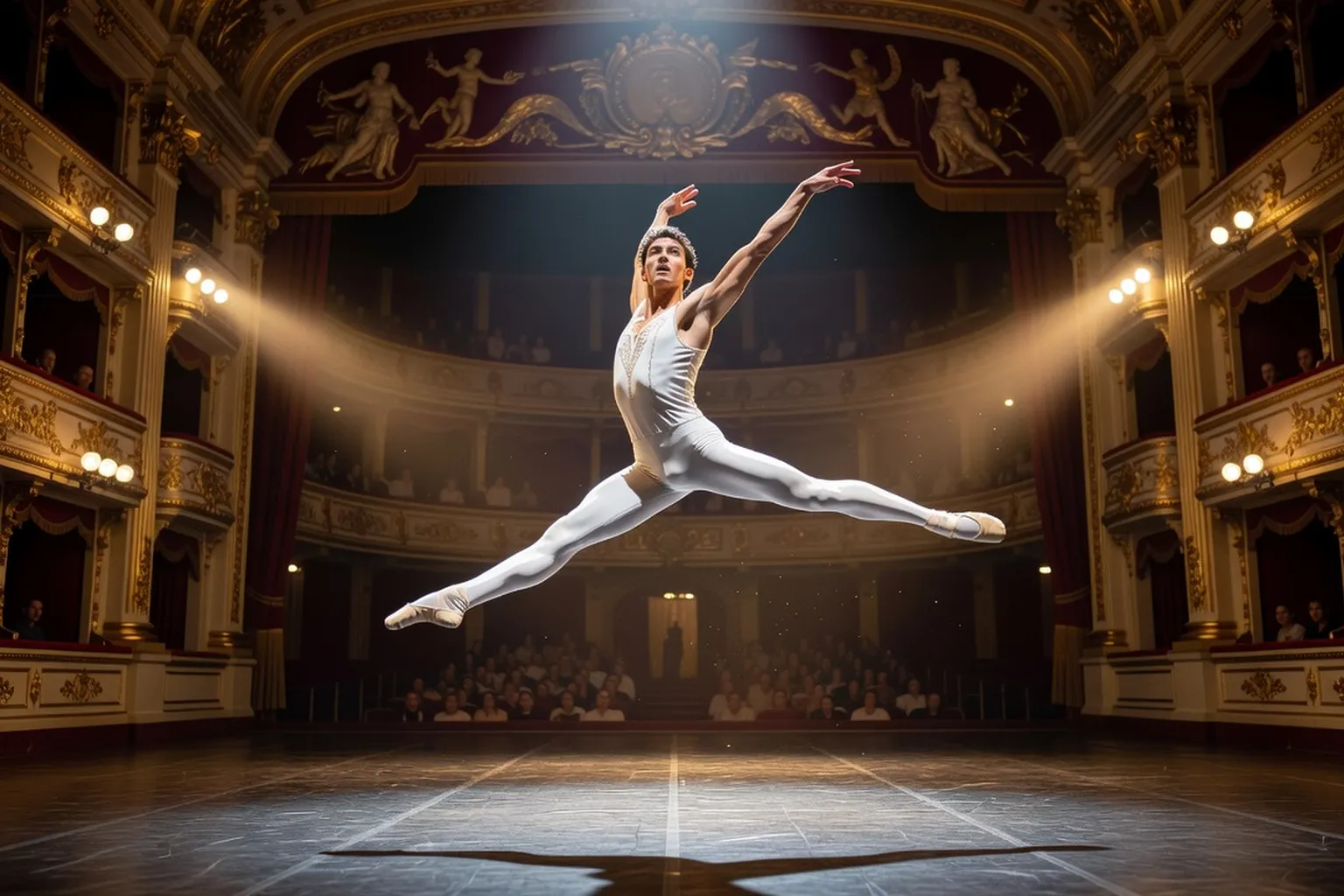 Danseur étoile en pleine performance, théâtre à l'italienne