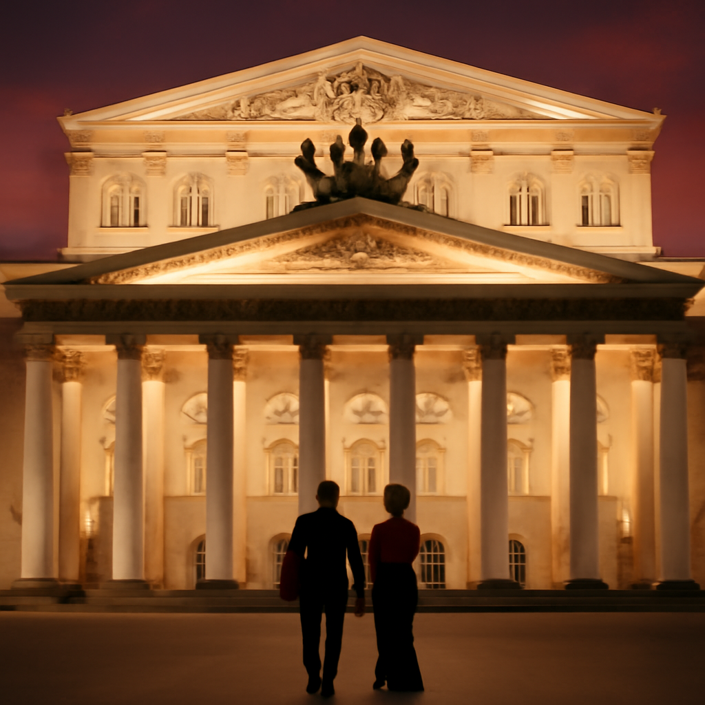 Couple en tenue de soirée devant la façade illuminée d'un grand théâtre russe