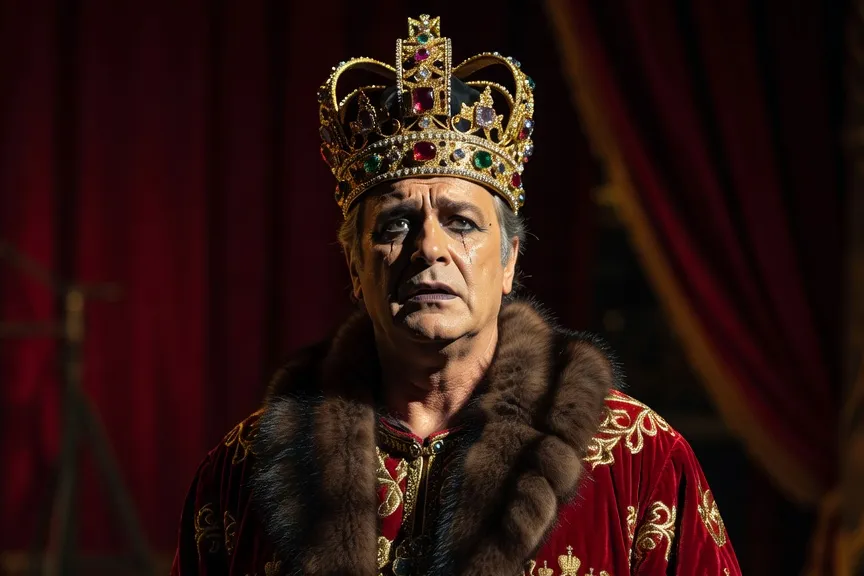 Chanteur basse incarnant le tsar Boris Godounov, couronne et manteau d'hermine, visage marqué par le remords.