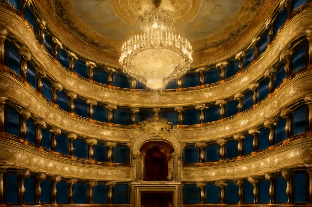 Intérieur doré d'un théâtre à l'italienne historique, balcons incurvés et lustre à pampilles, avant une représentation d'opéra russe.