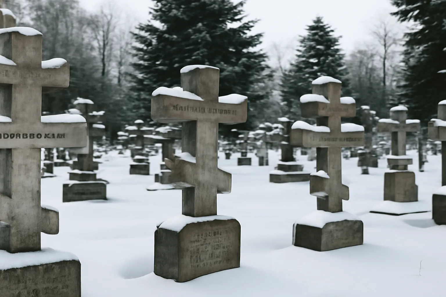 Tombe russe sous neige avec croix orthodoxe et inscriptions cyrilliques