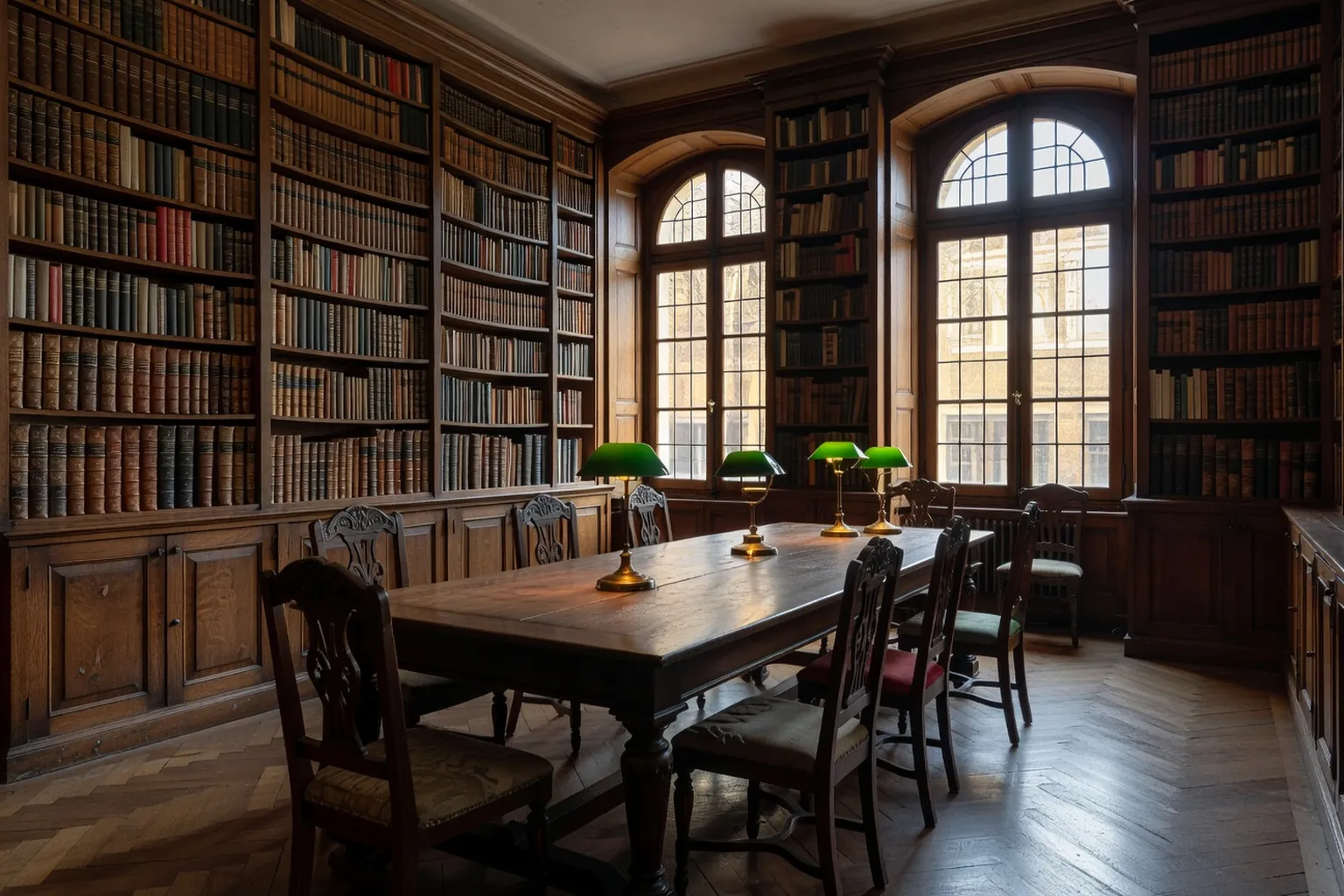 Bibliotheque russe parisienne avec rayonnages en bois fonce et livres en cyrillique