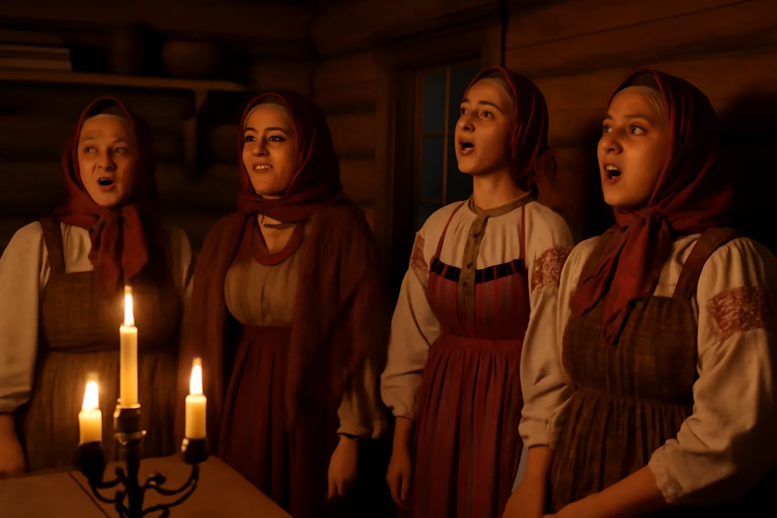 Groupe de femmes russes chantant en polyphonie lors d'une veillée traditionnelle dans le Nord russe