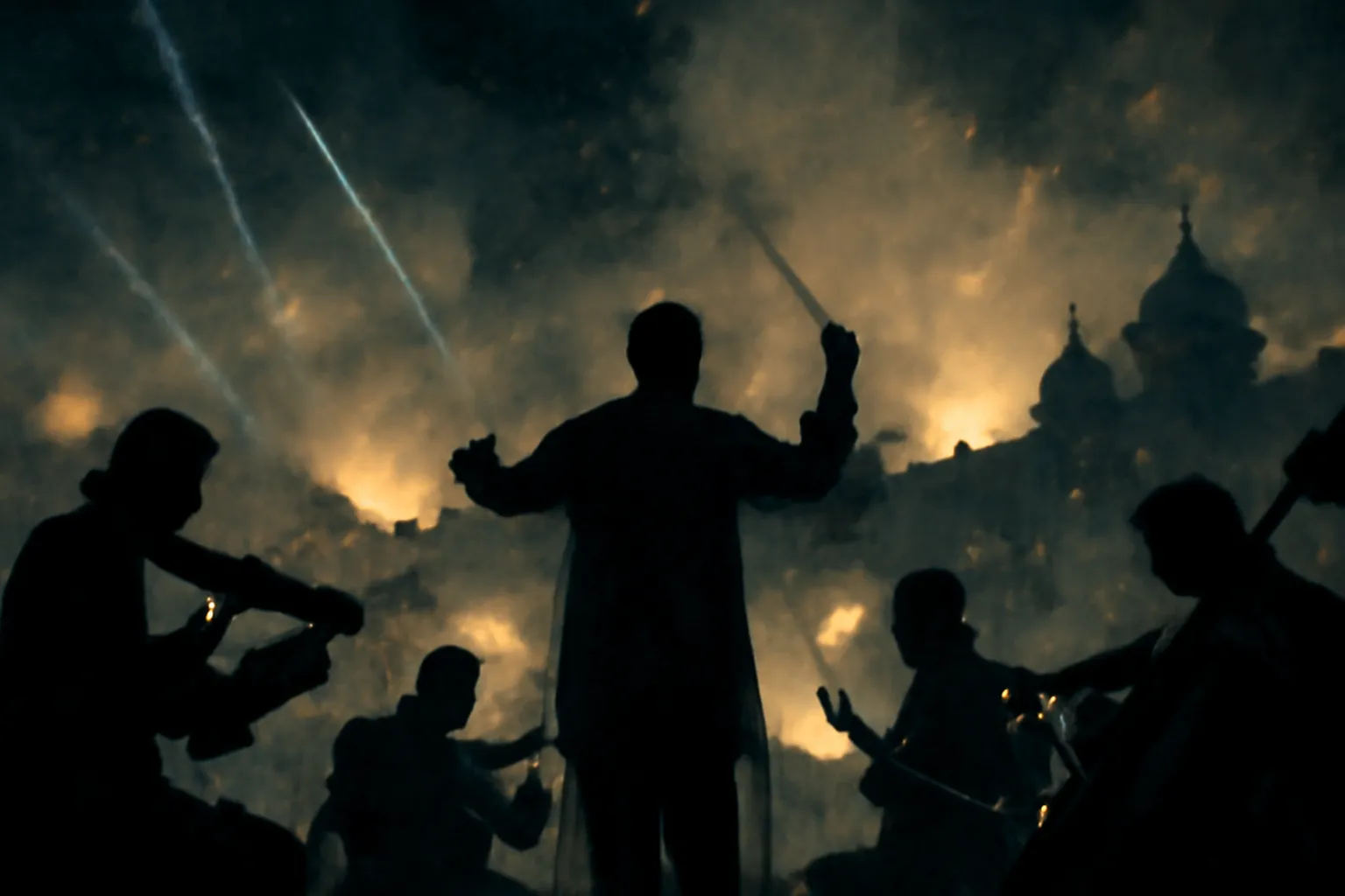 Scène évocatrice du siège de Leningrad, silhouettes de musiciens et lumières de la ville assiégée dans la nuit