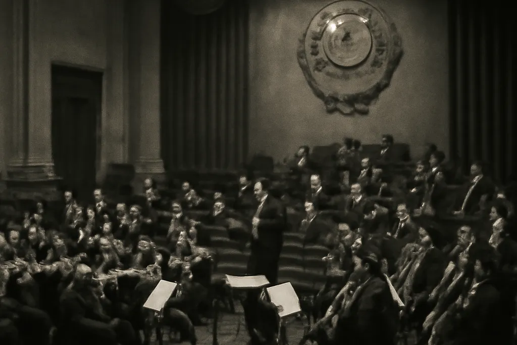 Salle de concert soviétique des années 1940, orchestre symphonique en répétition, lumière tamisée