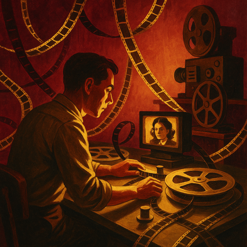 Atelier de montage cinématographique, bandes de film et lumière bordeaux