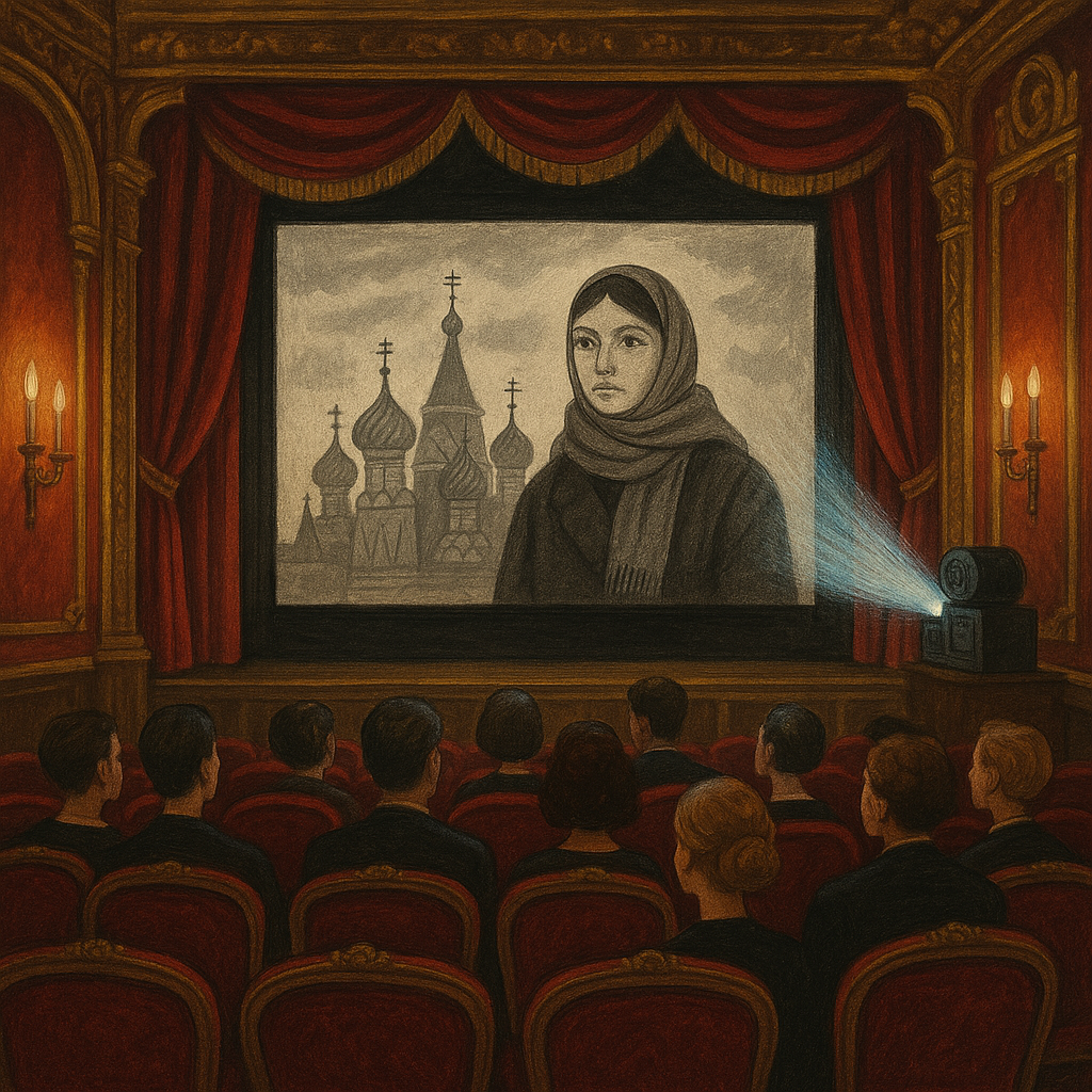 Salle de cinéma parisienne projetant un film russe, public et projecteur