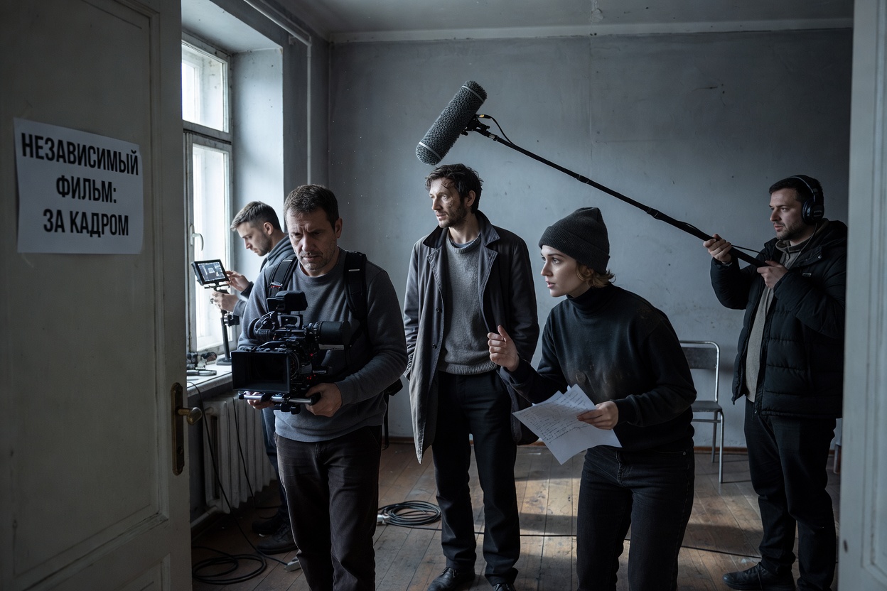 Tournage de film russe indépendant contemporain, petite équipe caméra dans un intérieur minimaliste
