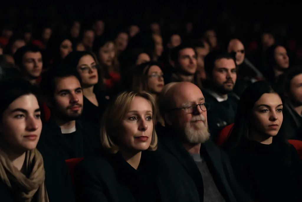 Groupe de spectateurs assis dans une salle de cinéma de festival, projection en cours, ambiance solennelle et attentive