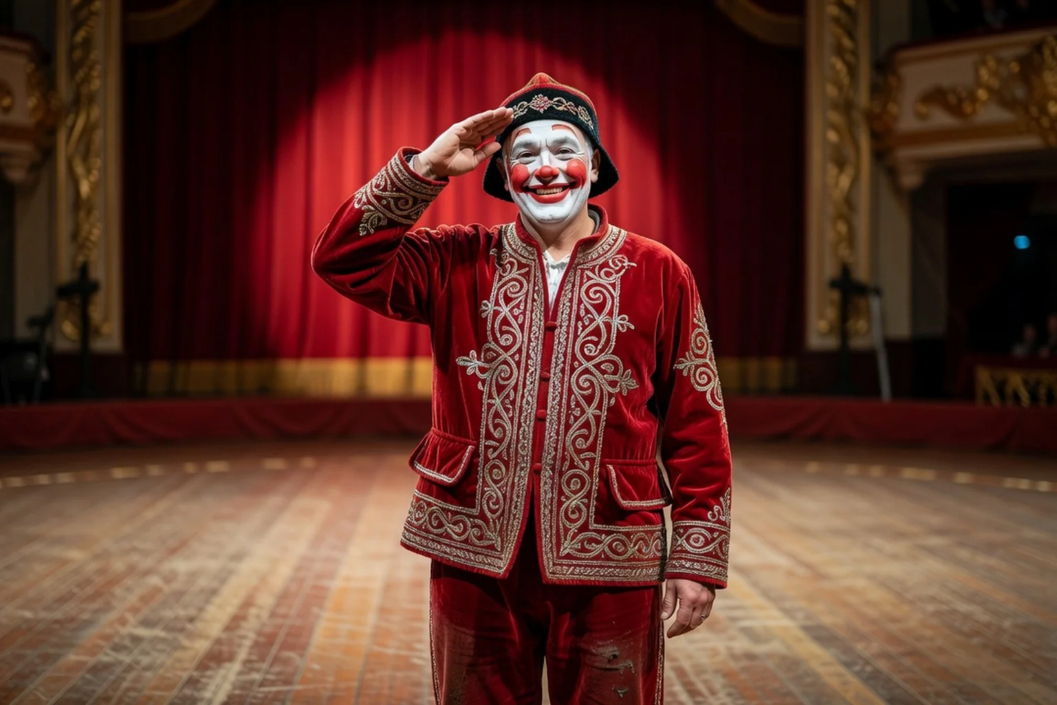 Clown en costume traditionnel saluant le public sur la piste d'un cirque russe historique.
