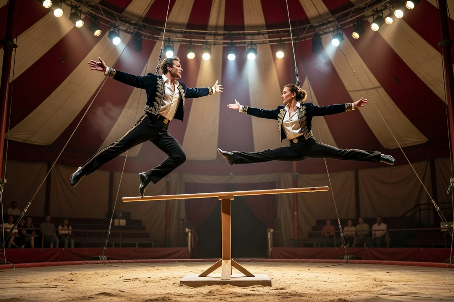Deux acrobates en costume exécutant un numéro de barre russe sous le chapiteau d'un cirque.