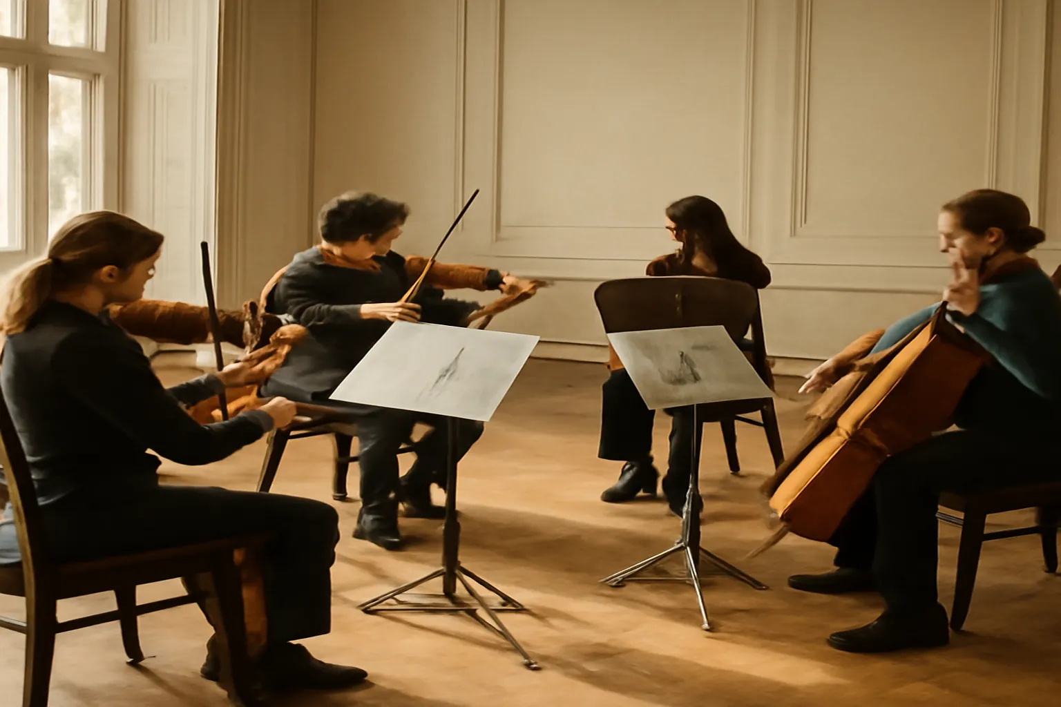 Quatuor a cordes en pleine repetition dans une salle eclairee par une grande fenetre