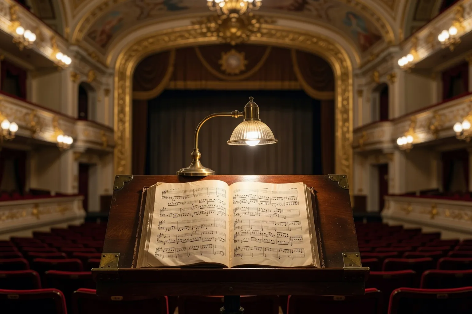 Pupitre de chef d'orchestre avec partition ouverte sous lampe de cuivre dans un theatre russe