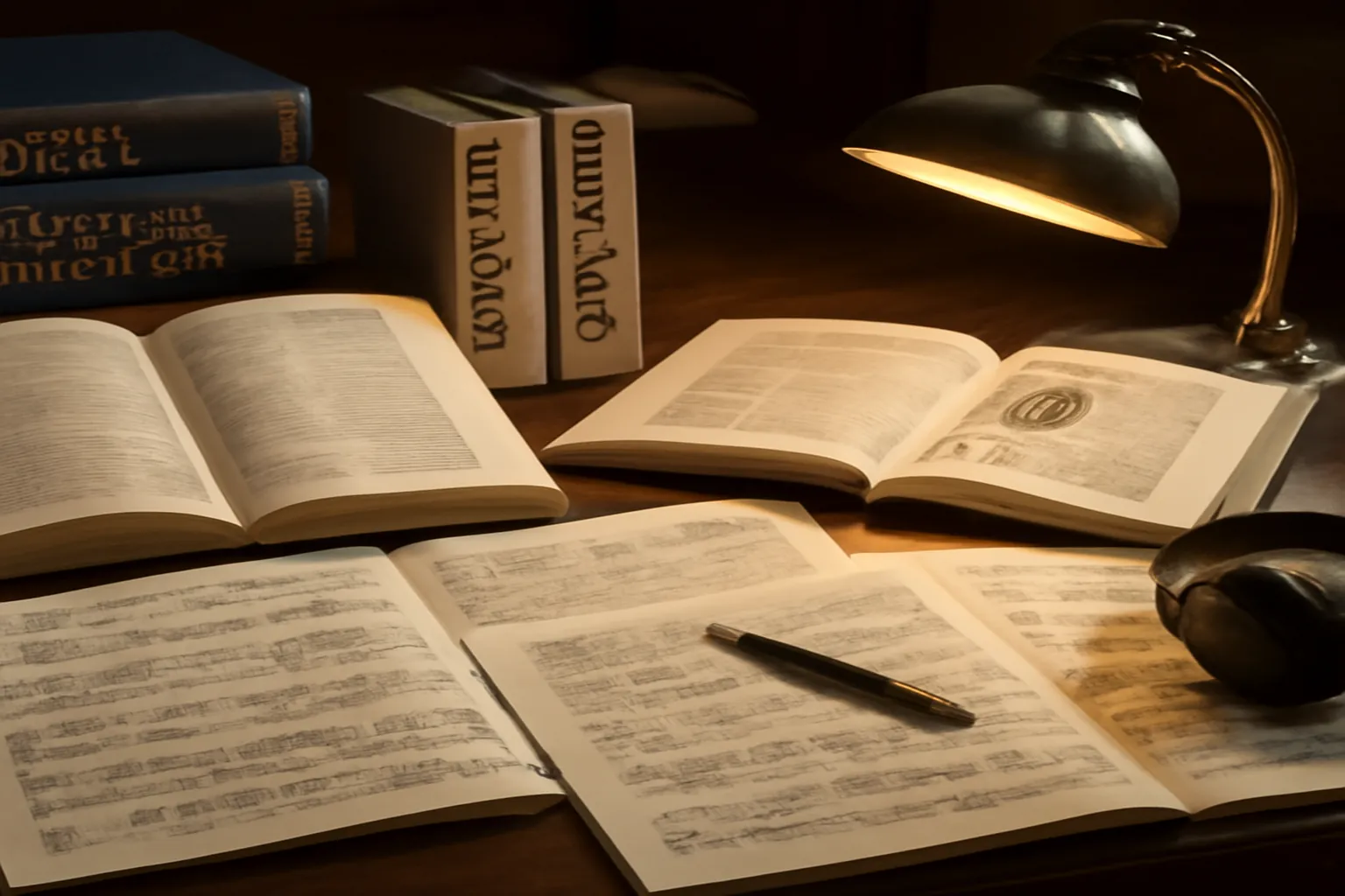 Bureau de musicologue avec partitions, dictionnaires de musique et casque audio