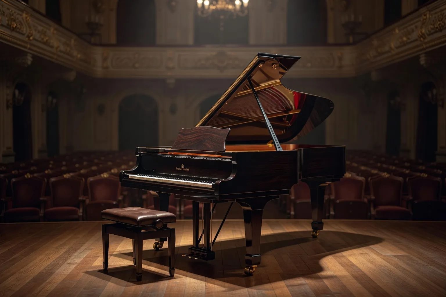 Piano a queue sur scene de salle de concert russe sous spot tamise