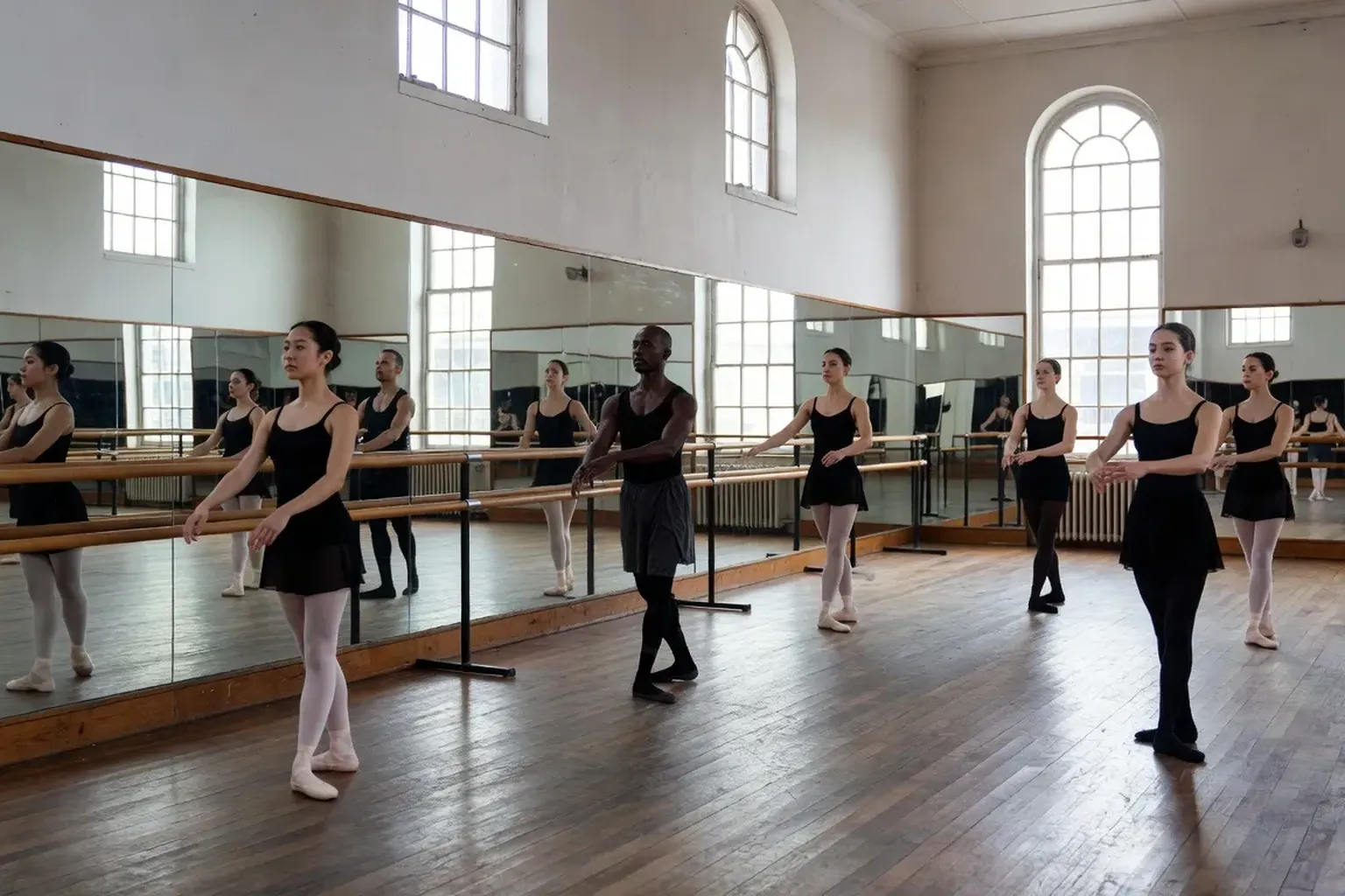 Répétition dans une grande salle de ballet, miroirs, barres, danseurs en tenue de travail noire — académie de ballet russe