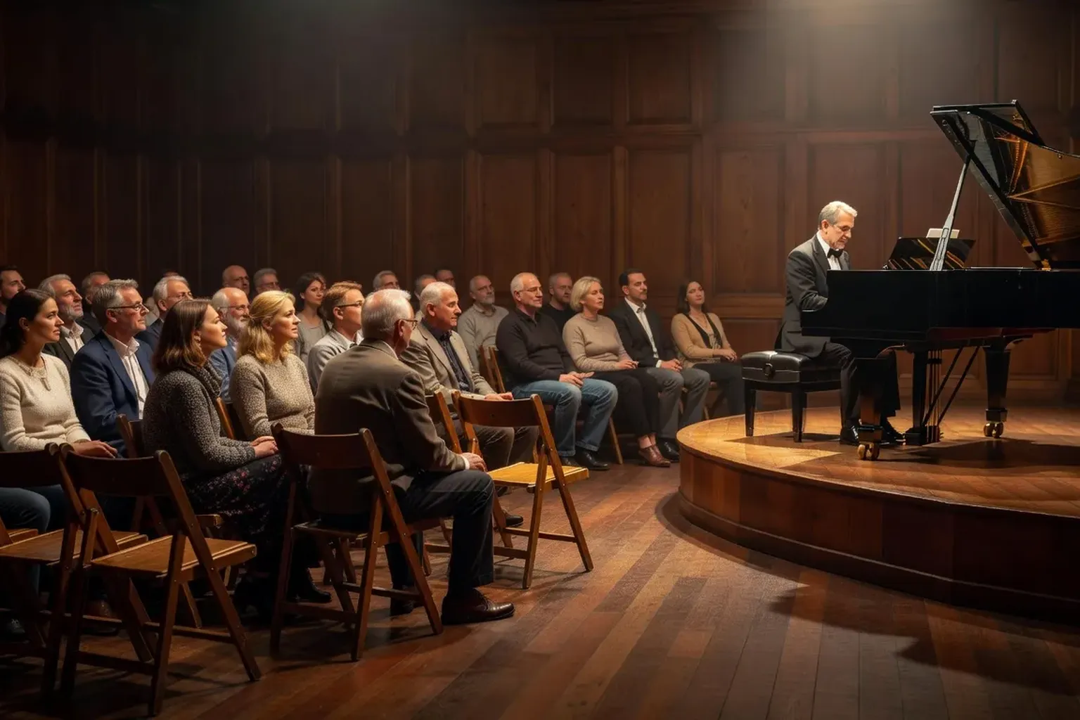 Salle de concert intime avec chaises pliables, scène éclairée, pianiste en train de jouer, public franco-russe attentif