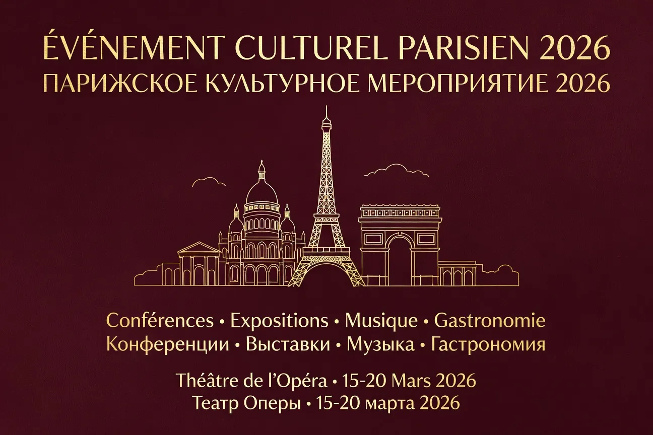 Affiche d'un événement culturel franco-russe à Paris 2026, typographie bilingue, couleurs bordeaux et or