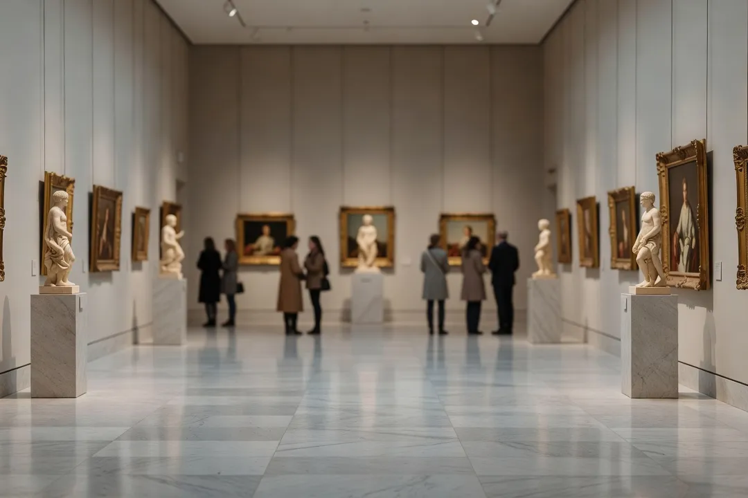 Hall de musée parisien avec visiteurs discrets observant des œuvres, ambiance d’exposition institutionnelle