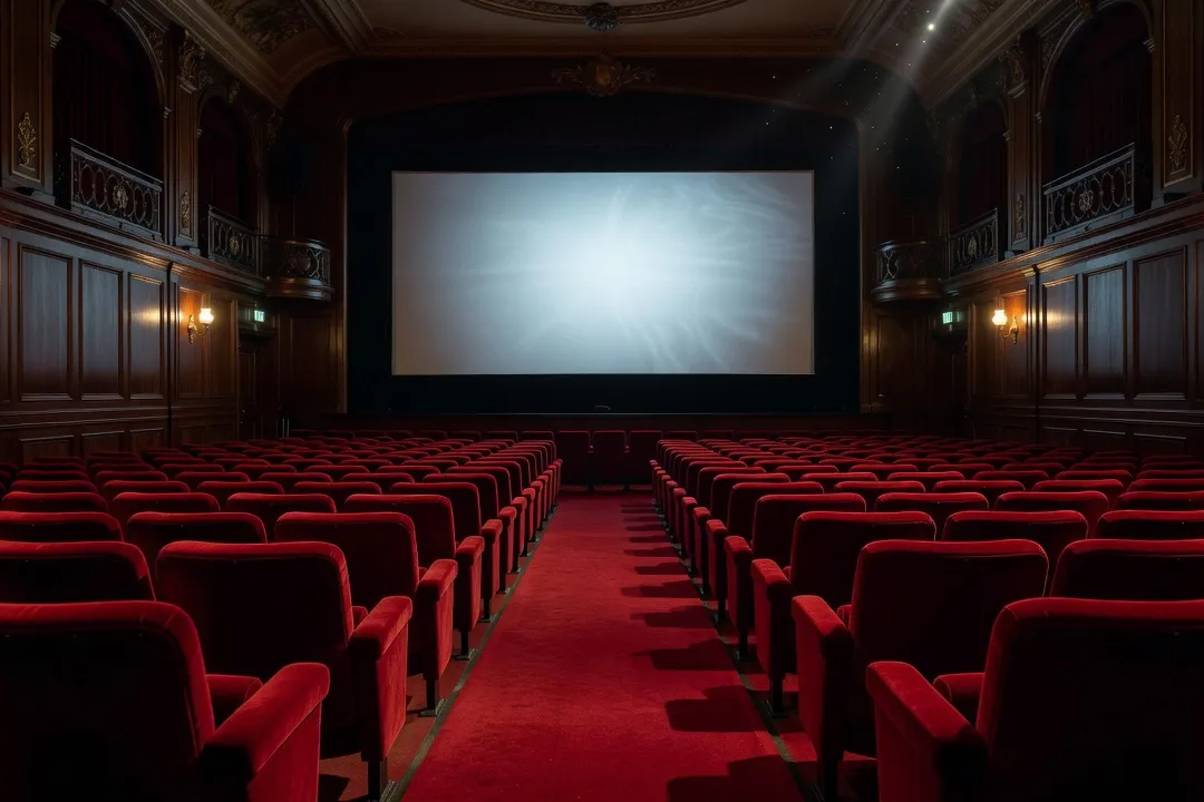 Salle de cinéma d’art et essai parisienne avec fauteuils rouges et écran illuminé, ambiance de séance de rétrospective