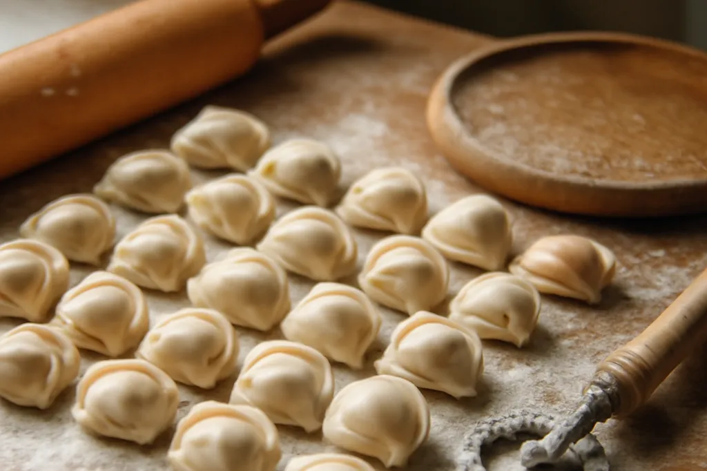 Pelmeni sibériens fraîchement préparés sur un plan de travail en bois avec farine et ustensiles de pâtisserie