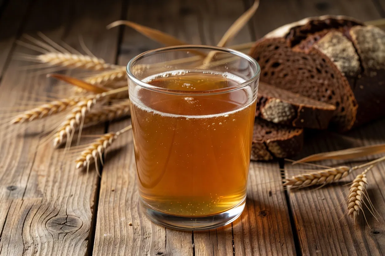Verre de kvas artisanal ambré posé sur une table en bois avec épis de seigle et pain noir en arrière-plan