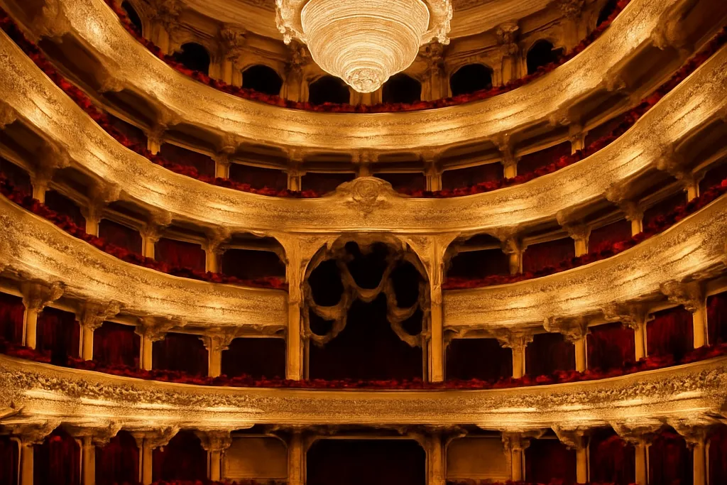 Intérieur doré d'un théâtre à l'italienne russe, balcons superposés en fer à cheval, velours rouge, lustre de cristal