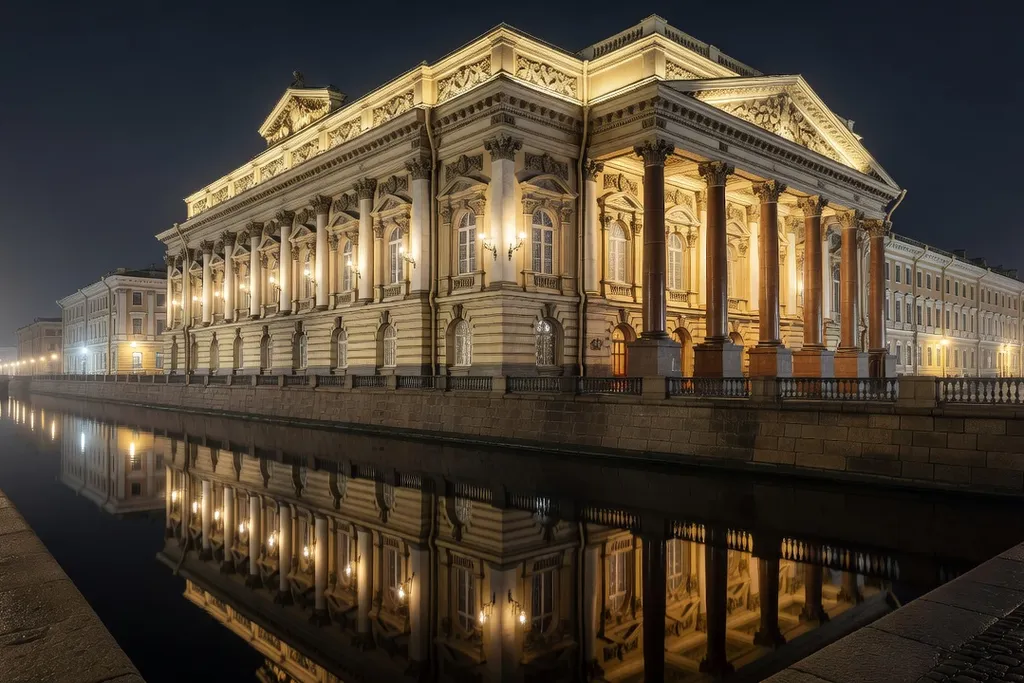 Façade et colonnade d'un théâtre impérial russe la nuit, éclairage doré, reflet sur canal