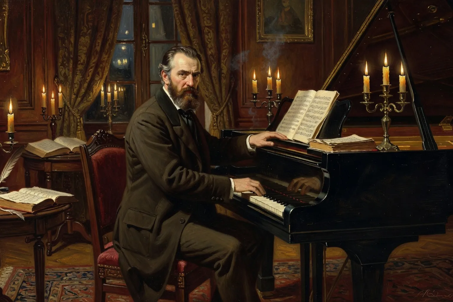 Portrait pictural style XIXe d'un compositeur russe au piano