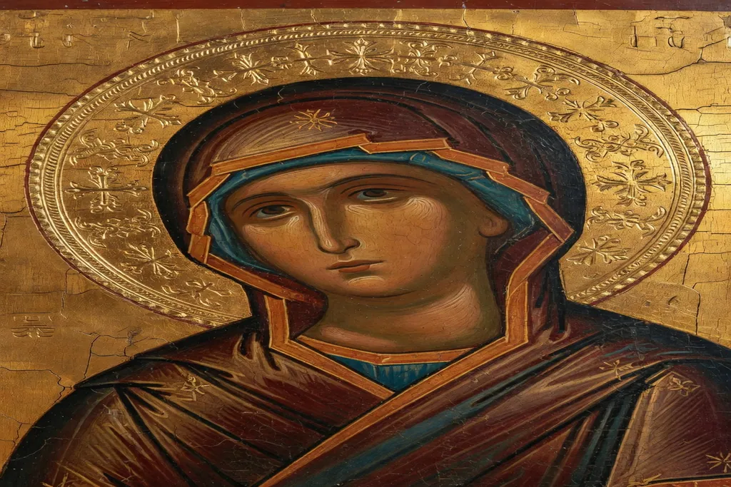 Detail d'icone russe de la Vierge avec halo dore, ecole de Novgorod