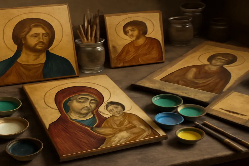 Atelier d'iconographe avec planches de bois et pigments a l'oeuf