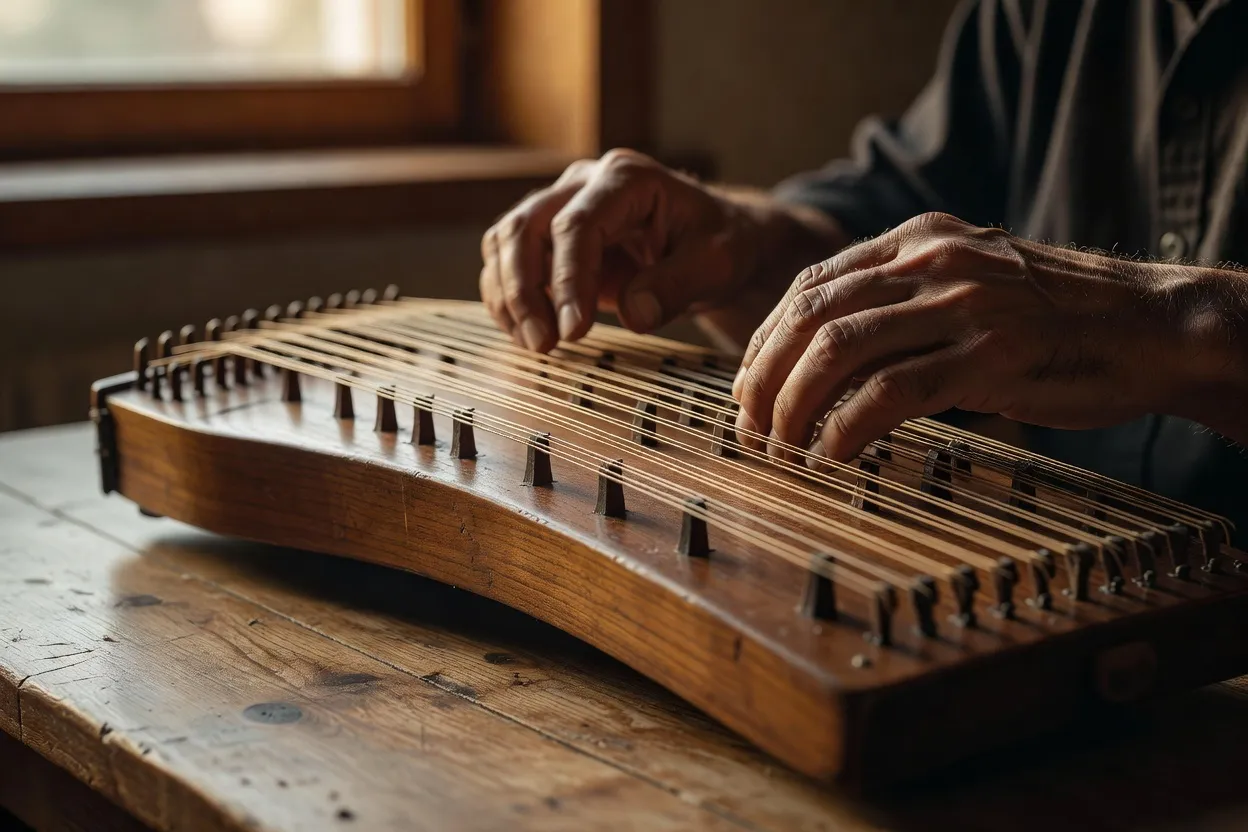Gros plan sur des mains jouant des gousli, cithare traditionnelle russe posée sur une table en bois