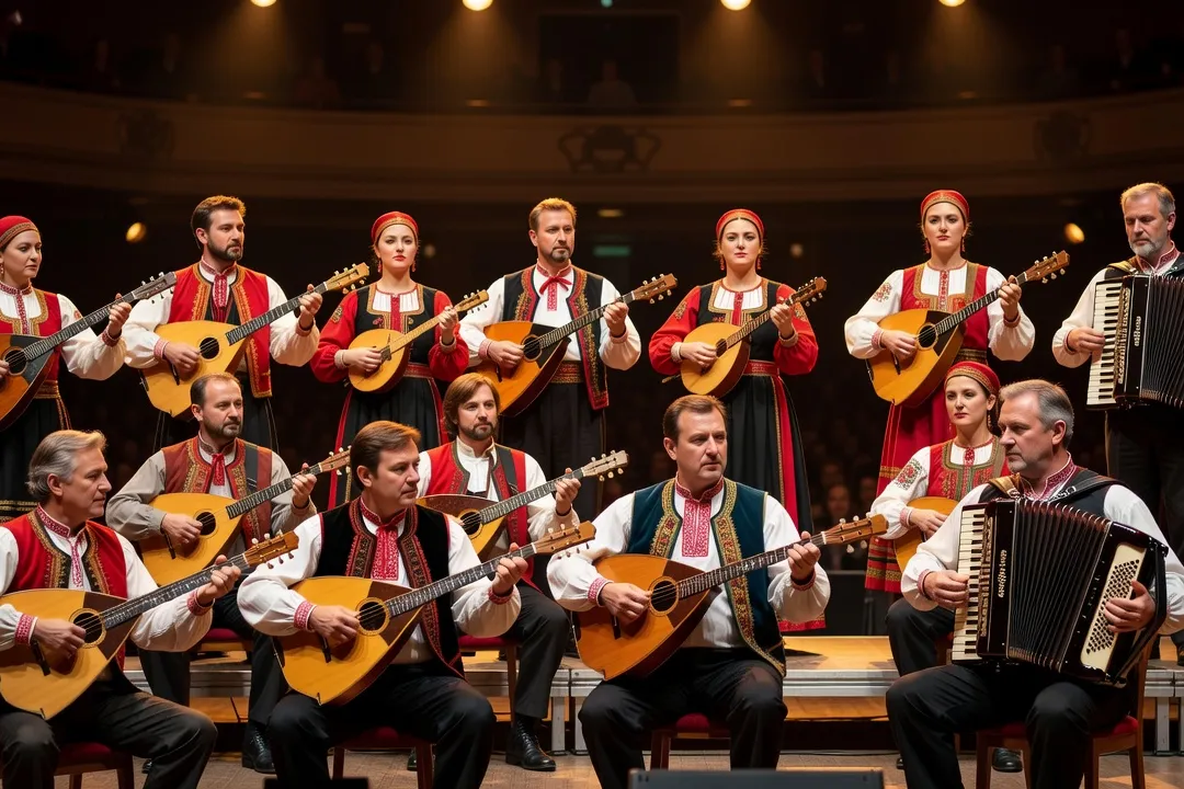 Orchestre folklorique russe en concert avec balalaïkas de différentes tailles, domras et bayan sur scène