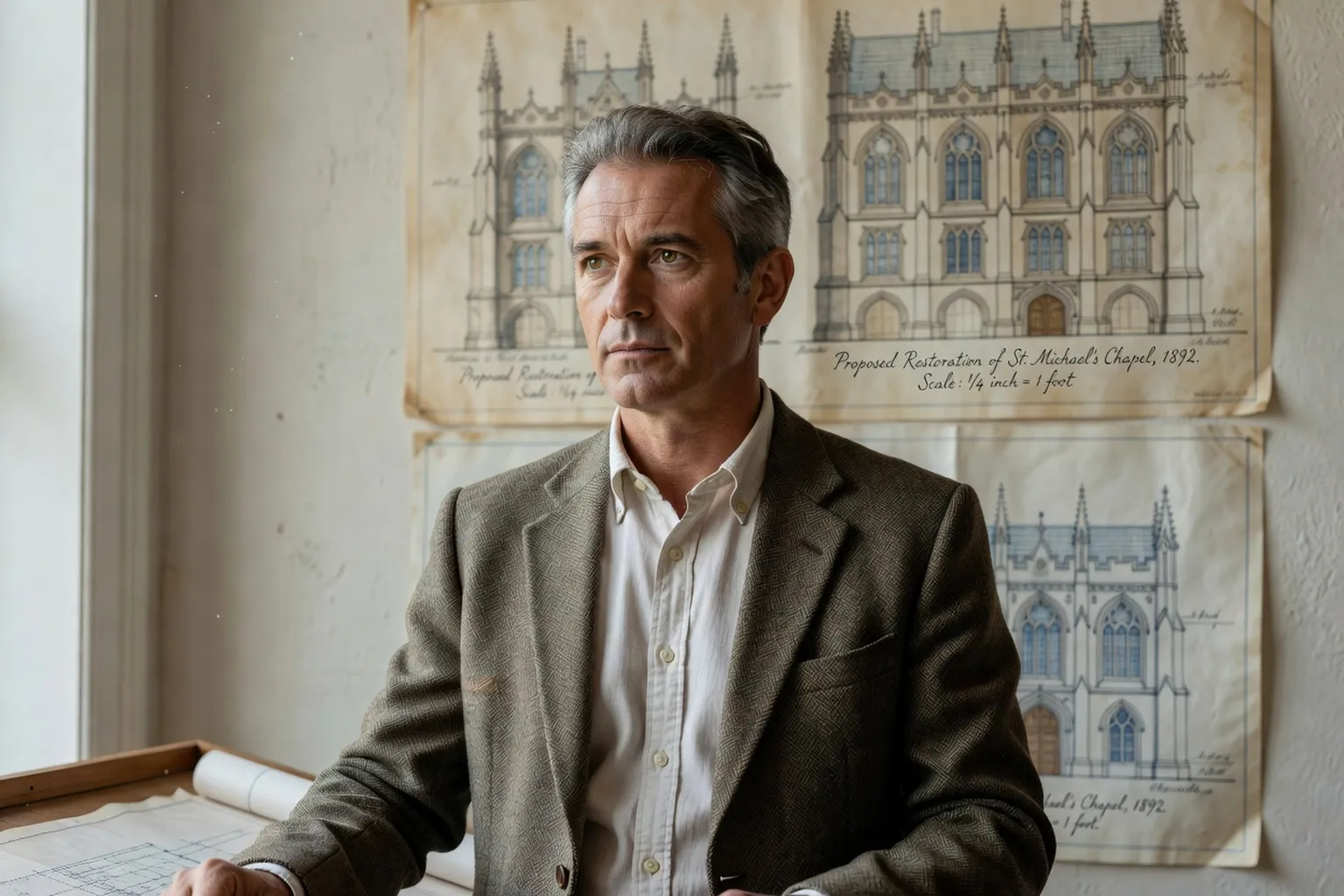 Portrait éditorial de Vladimir Sokolov, conservateur du patrimoine, devant des plans d'architecture
