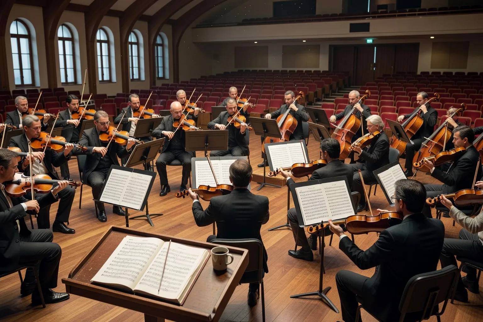Orchestre symphonique en répétition, pupitres et cordes