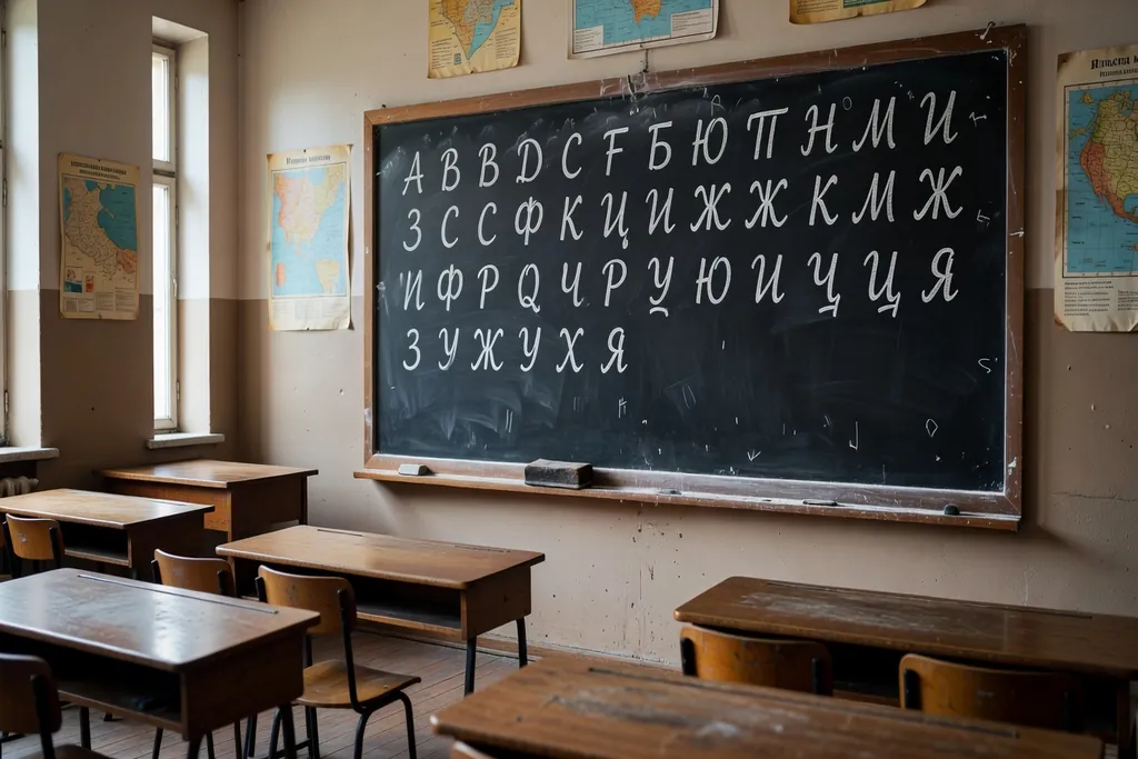 Tableau noir avec alphabet cyrillique manuscrit a la craie
