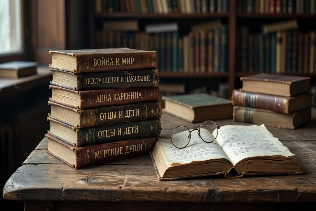 Pile de classiques russes avec titres cyrilliques sur table de lecture
