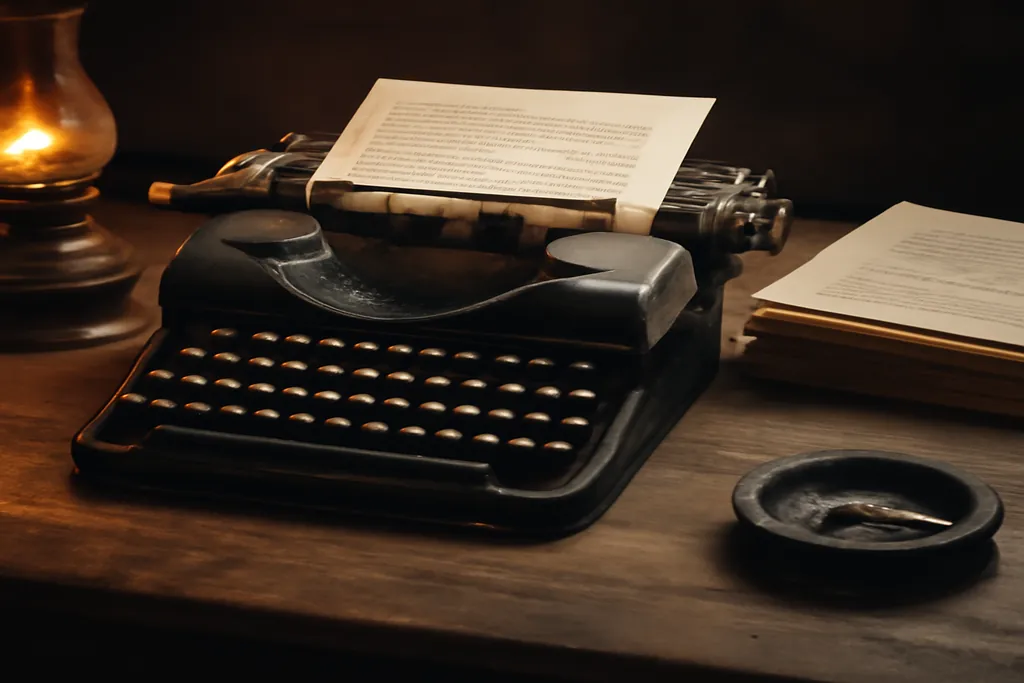 Machine a ecrire ancienne avec pages de manuscrit dactylographiees