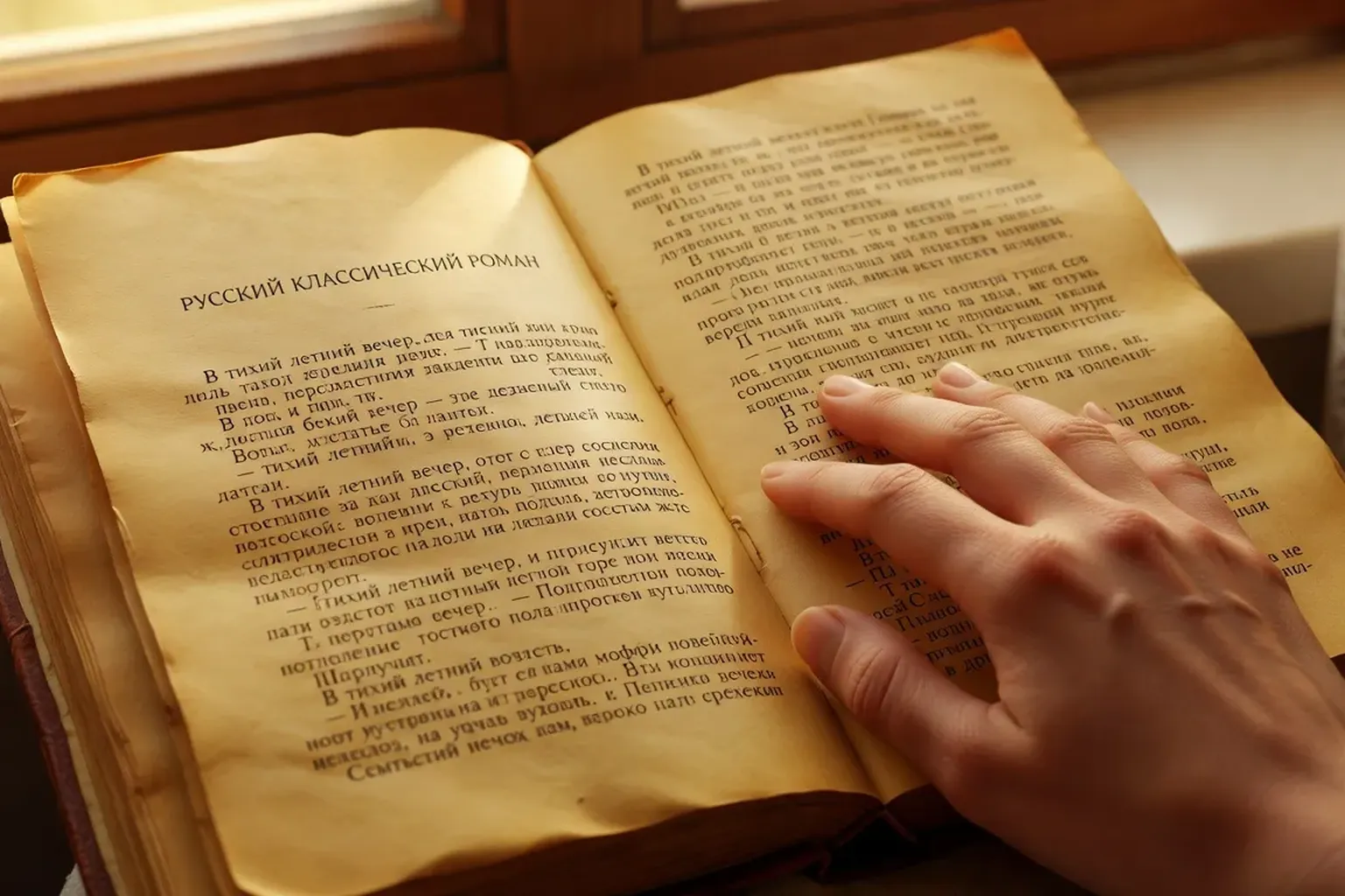 Pages jaunies d'une édition ancienne de Crime et Châtiment, main de lecteur sur le texte, fenêtre en arrière-plan