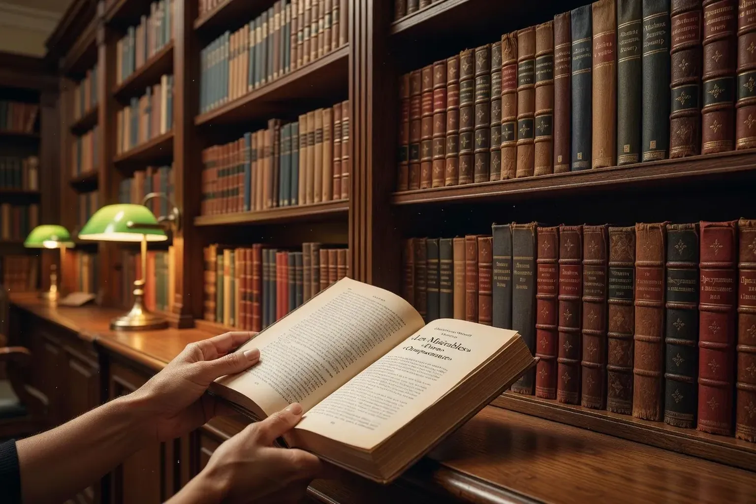 Rayons d'une bibliothèque avec des ouvrages en cyrillique et en français, mains d'une lectrice feuilletant un roman russe